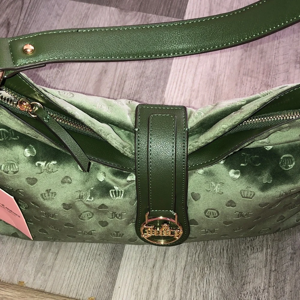 Juicy Couture Supergreens First Class Couture Hobo Bag Velvet & Faux Leather NWT